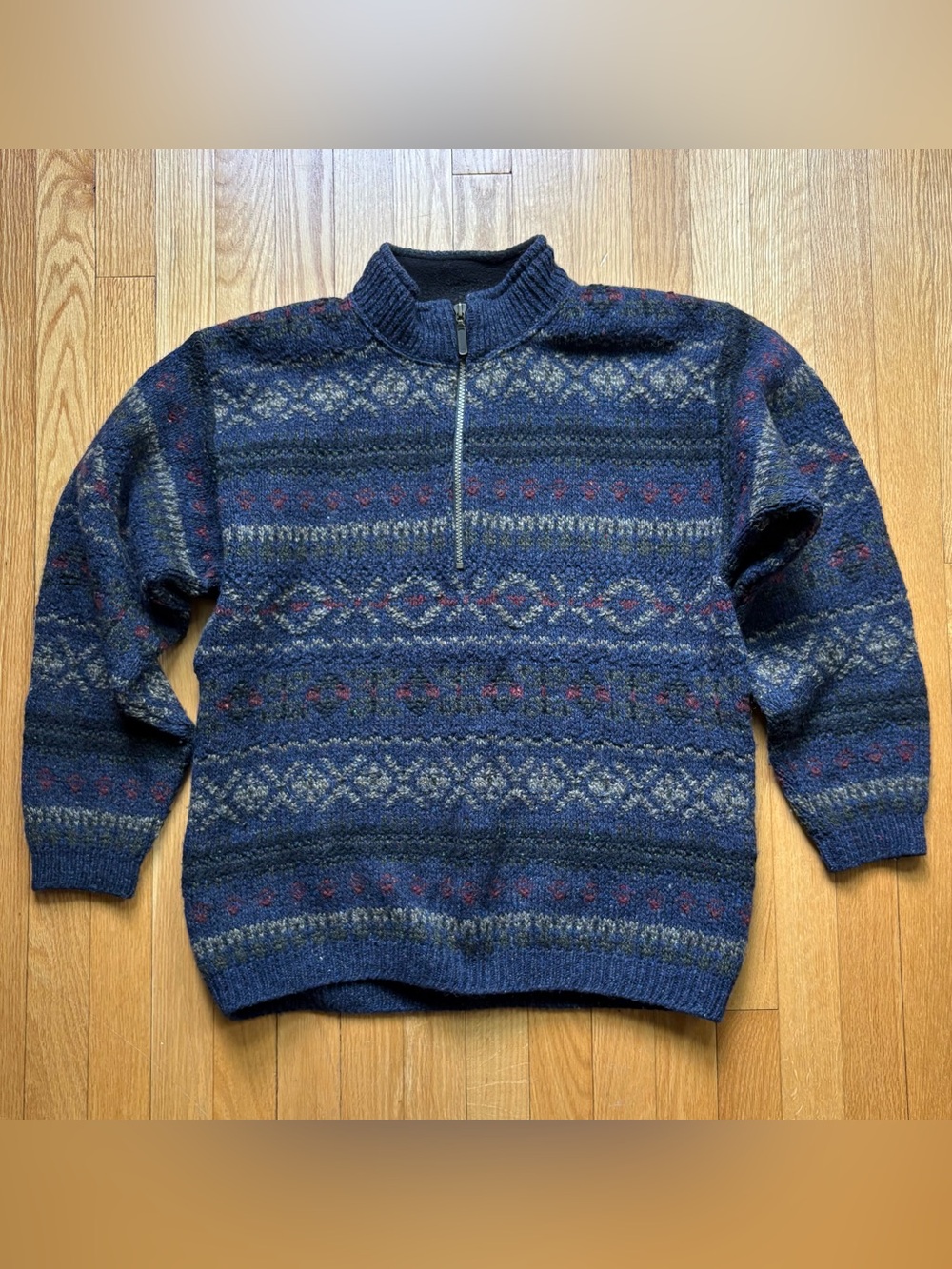 Vintage Alps Men’s 1/4 Zip Wool 100% Fair Isle Knit Sweater Large Blue Geometric